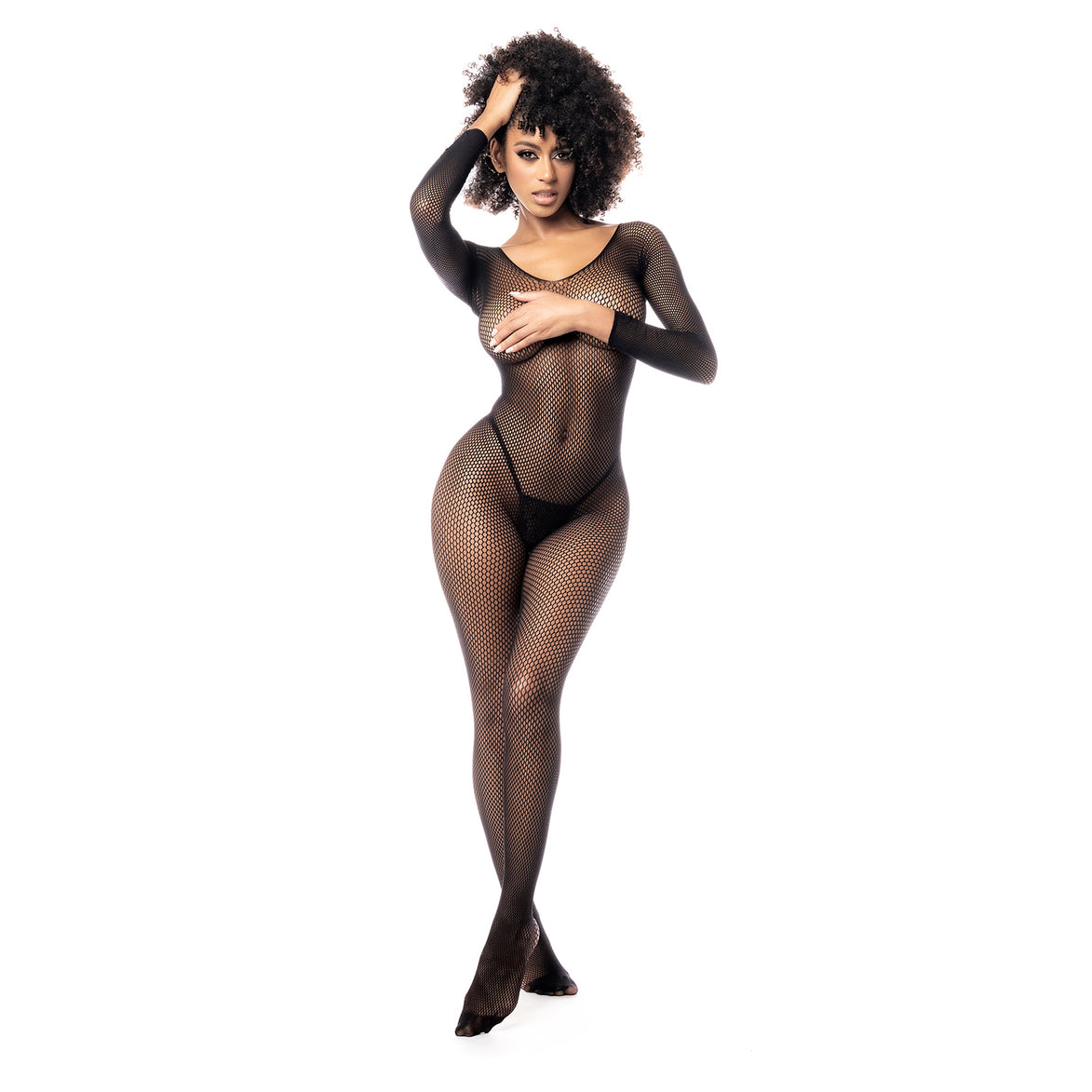 Mapalé bodystocking zwart one size, volledige bodylook, lange mouwen en transparante mesh, sensuele stijl