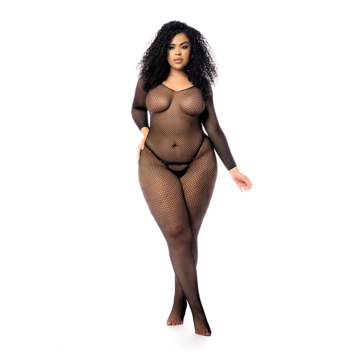 Mapalé bodystocking met lange mouwen, plus size, zwart, volledige outfit op model, vooraanzicht