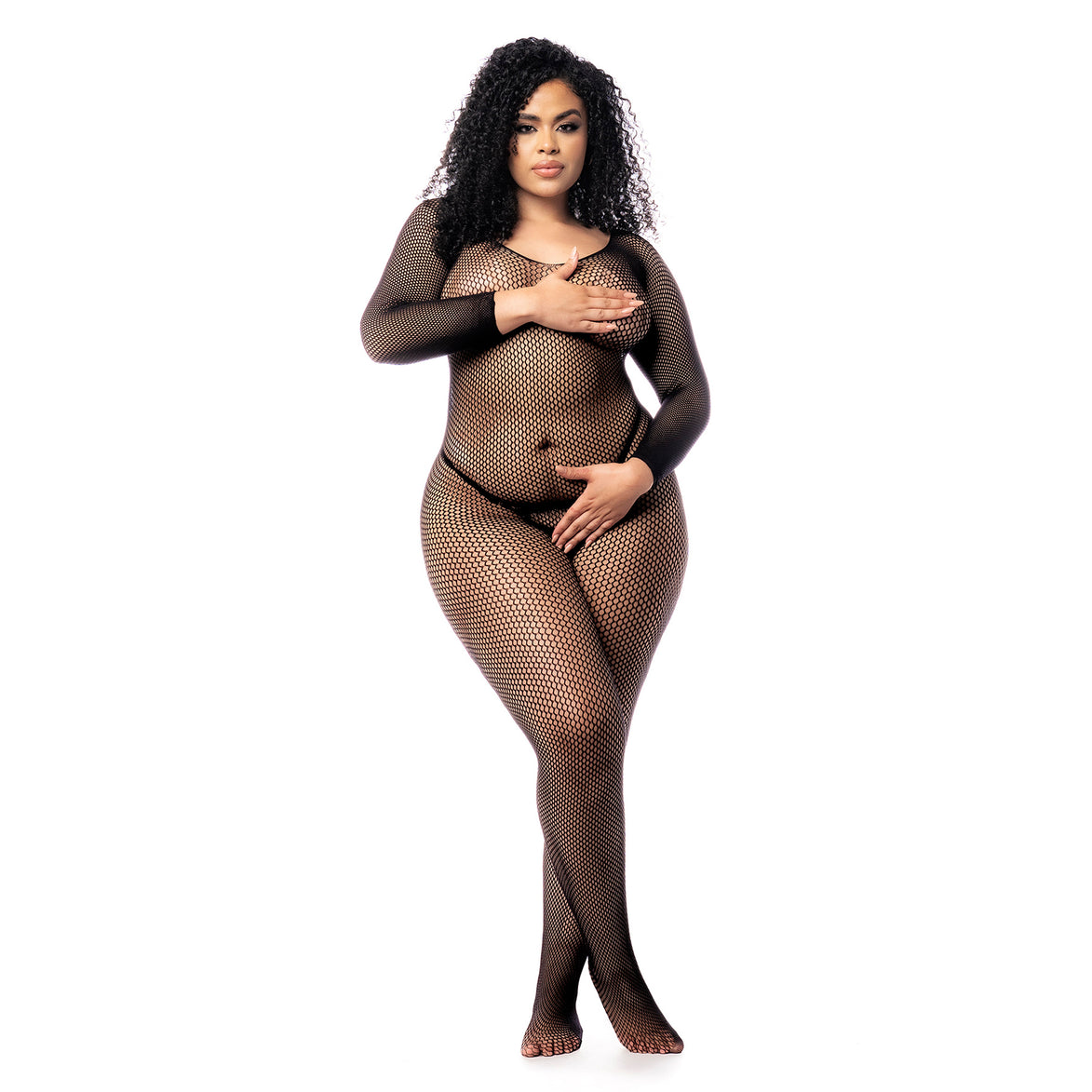 Mapalé bodystocking zwart plus size met lange mouwen, staande pose op model, elegante lingerie look