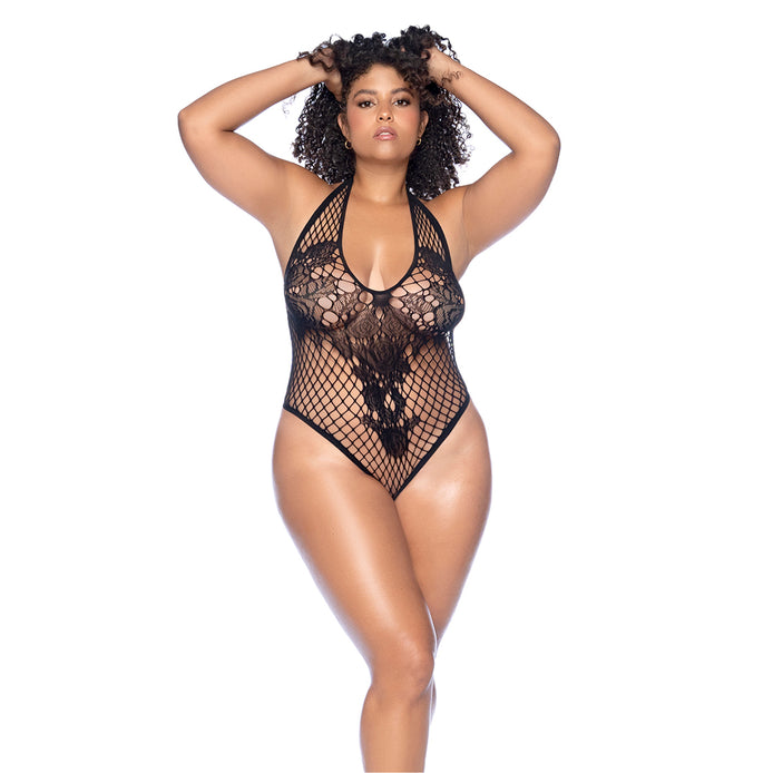 Mapalé gebloemde netstof bodysuit plus size, zwart, doorschijnende bloemenprint met bandjes en diepe halslijn