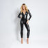 Allure Epic wetlook catsuit zwart maat L/XL, sexy aansluitende catsuit met lange mouwen en diepe rits