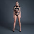 Allure Savage XXX power bodysuit latex-look zwart maat XL, volledig vooraanzicht met strappy bandjes