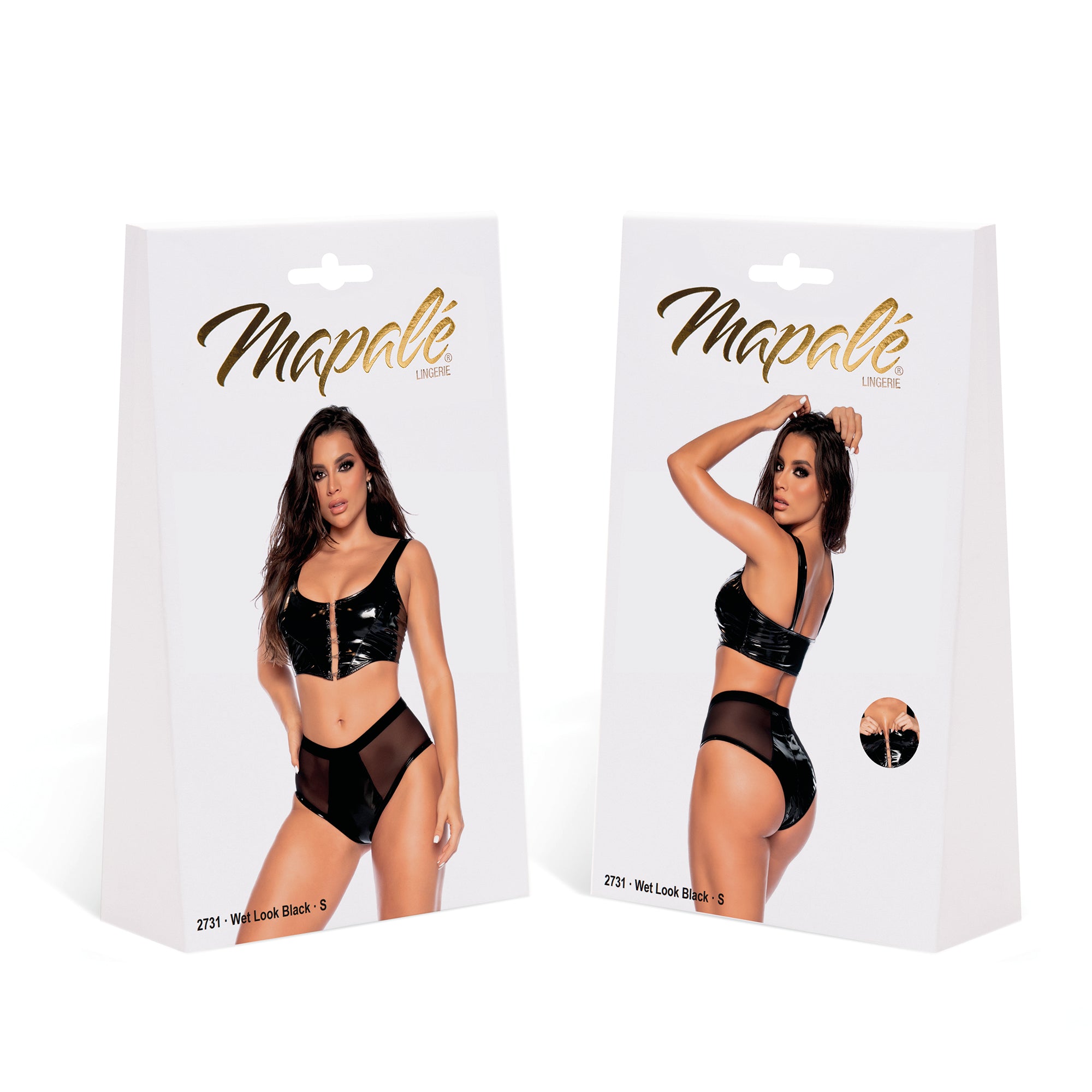 Verpakking Mapalé 2-delige wetlook set zwart, maat XL, productdoos met voor en achterfoto van het model