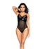 Mapalé mesh beugel wetlook bodysuit zwart, maat S, vooraanzicht op model, beugelcups en transparante mesh panelen