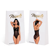 Verpakking Mapalé wetlook bodysuit vinyl mesh zwart, maat XL, productdoos met voor en achterfoto van model