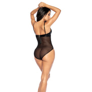 Mapalé wetlook bodysuit vinyl mesh zwart, maat XL, zijaanzicht op model, transparante mesh en glanzende vinyl details