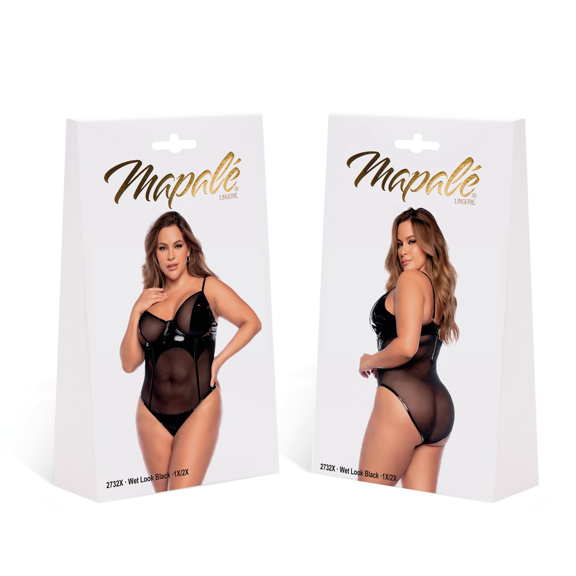 Verpakking Mapalé vinyl en mesh bodysuit wetlook zwart, maat 1X/2X, productdoos met voor en achterfoto van model
