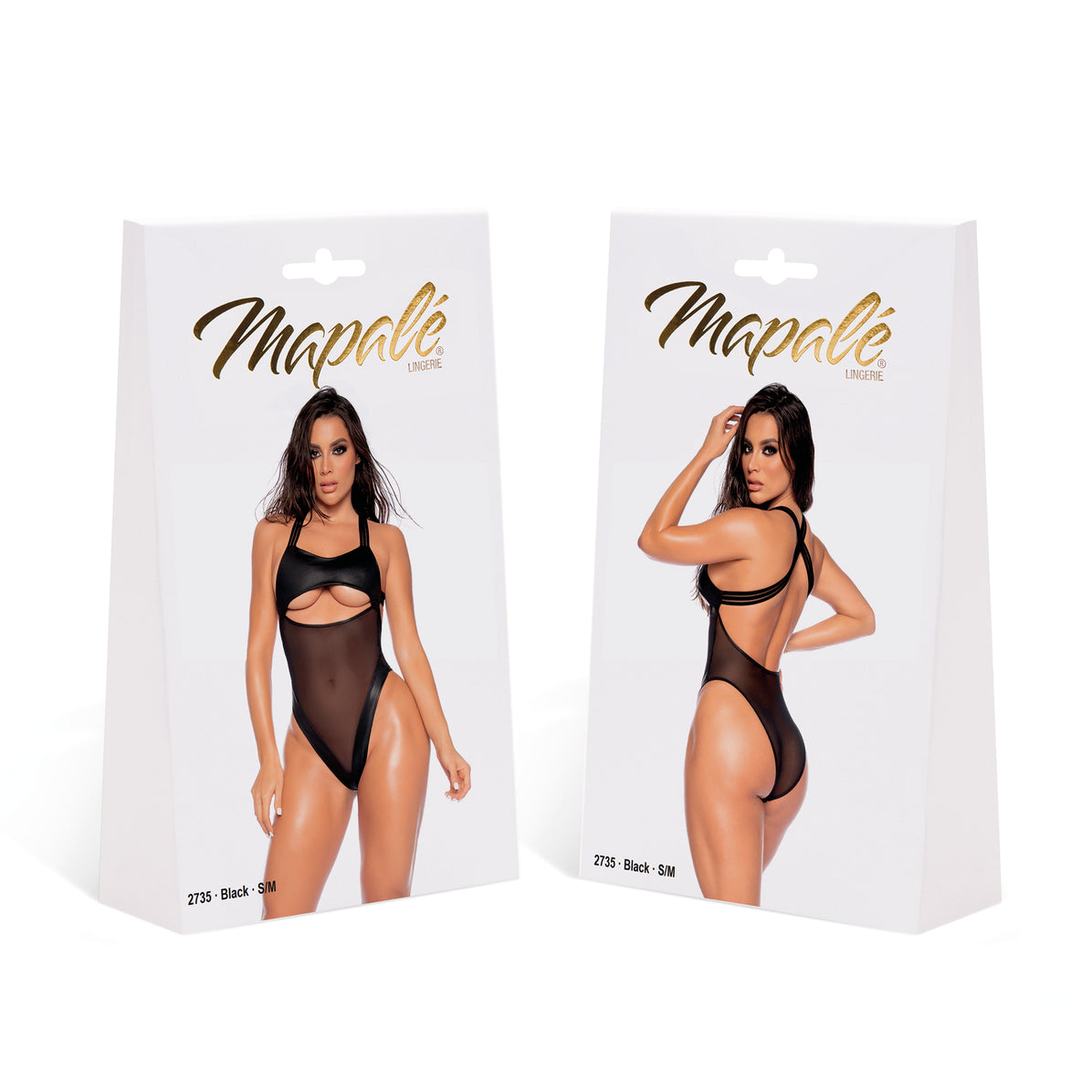 Verpakking Mapalé open rug wetlook bodysuit zwart, maat S/M, productdoos met voor en achterfoto van het model