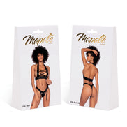 Verpakking Mapalé veters wetlook set zwart, maat S/M, productdoos met voor en achterfoto van het model