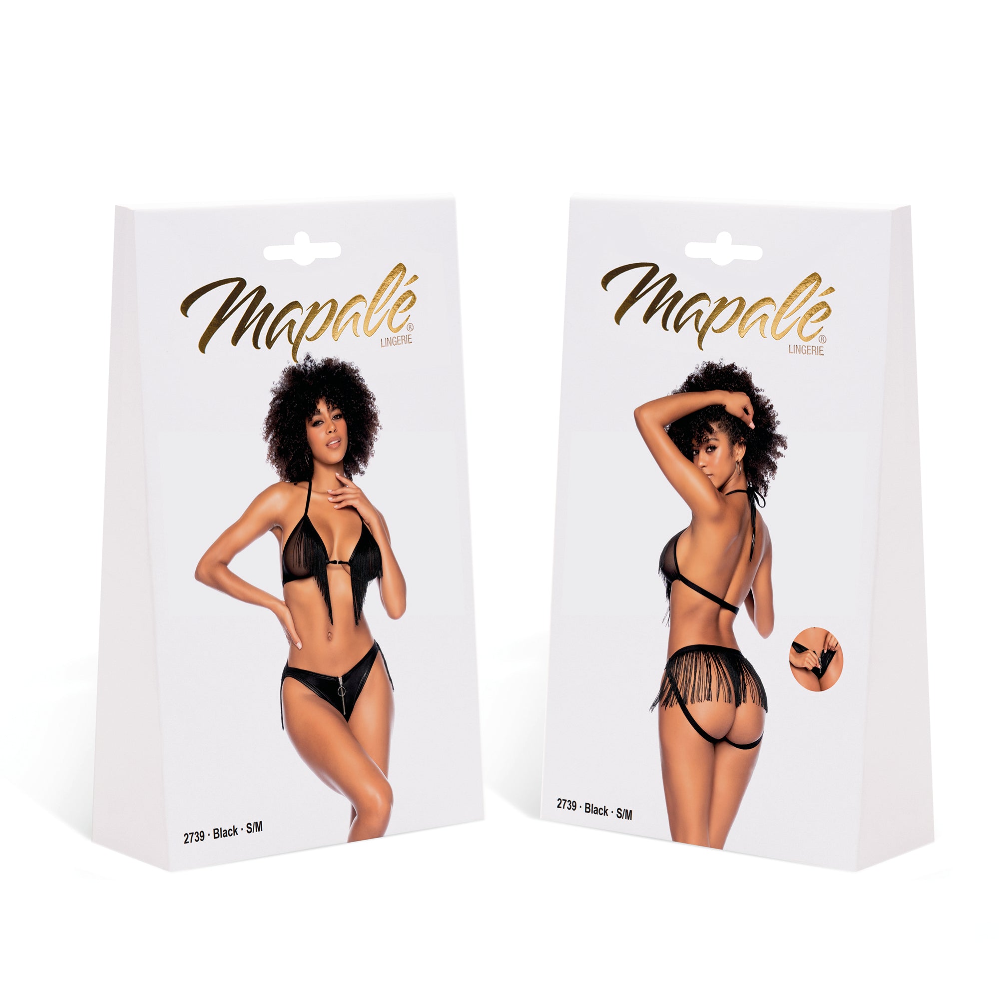 Verpakking Mapalé Fringe wetlook set zwart, maat S/M, productdoos met voor en achterfoto van het model