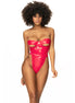 Mapalé teddy bodysuit rood maat M, vooraanzicht op model met diepe halslijn en glanzende rode stof