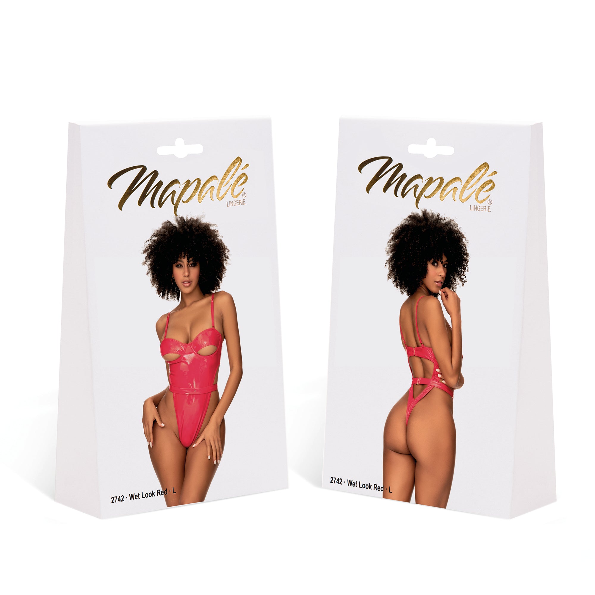 Mapalé wetlook vinyl teddy felrood maat XL, productverpakking met model in rode lingerie body