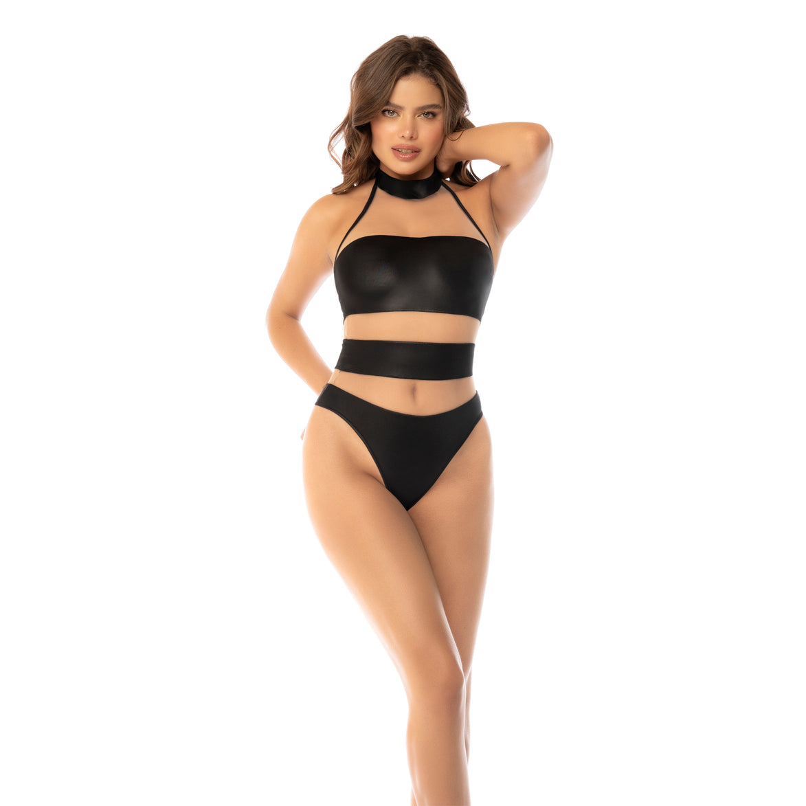 Mapalé halter bodysuit nude zwart in maat XL, front shot op witte achtergrond, bandage look met cut-outs