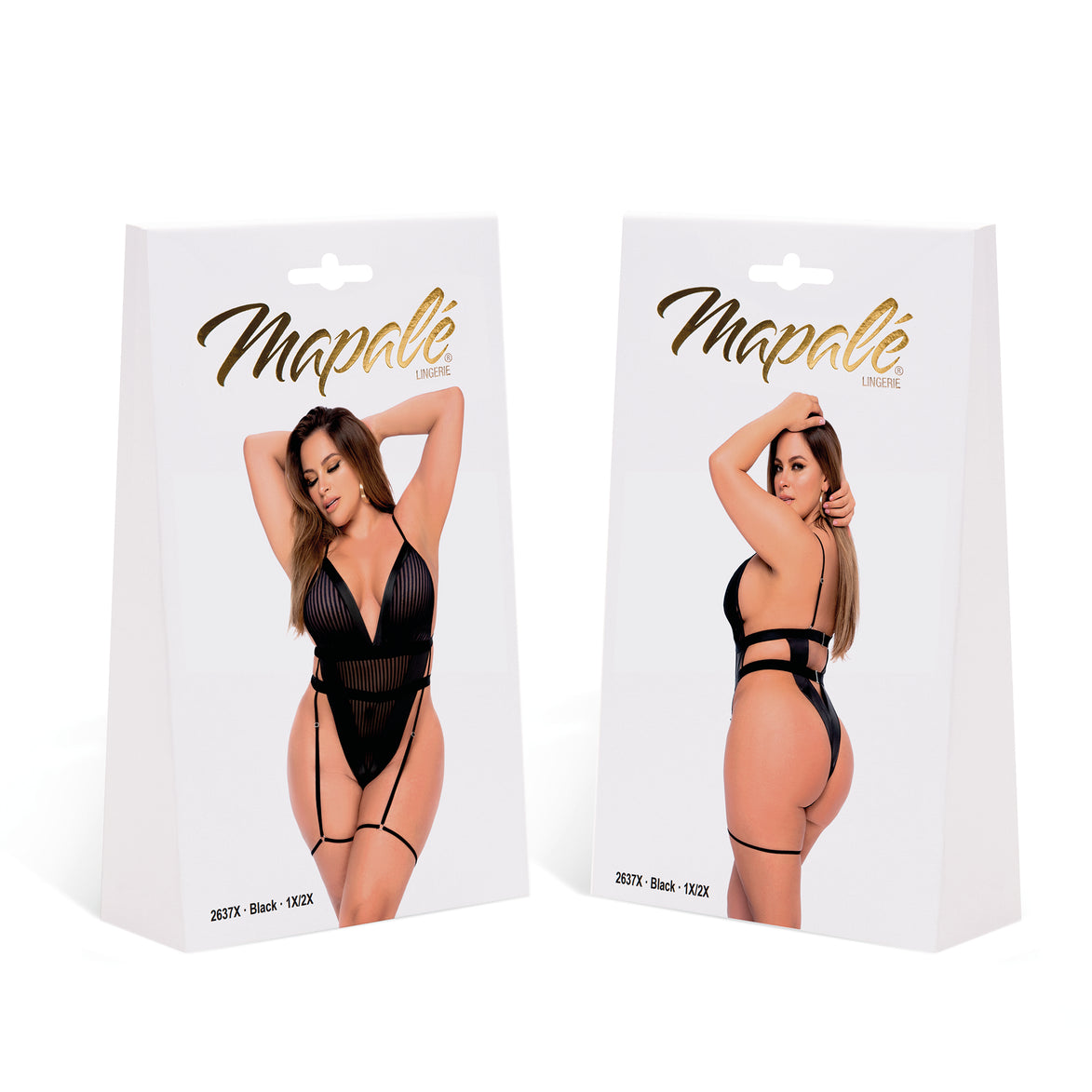 Verpakking Mapalé gestreepte mesh bodysuit kunstleer zwart, maat 3/4X, productdoos met voor en achterfoto