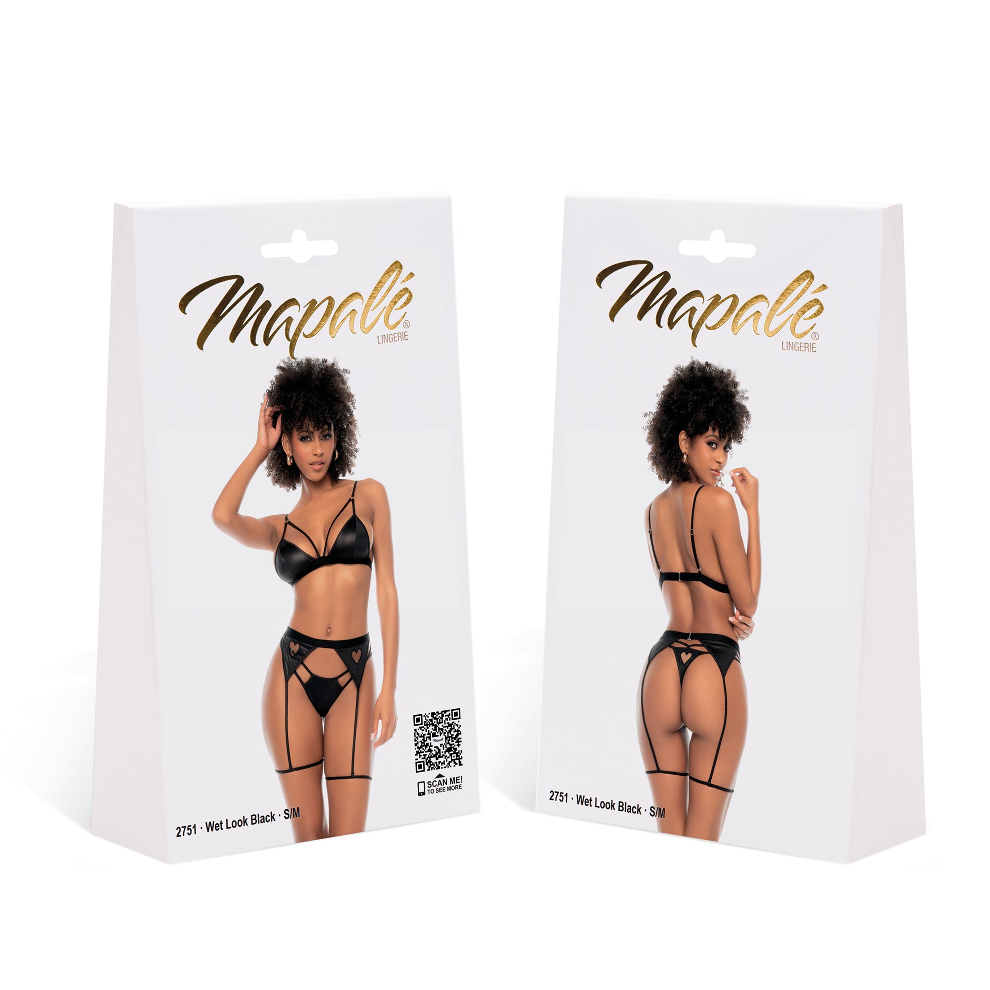 Verpakking Mapalé Hartjes wetlook zwart, maat S/M, productdoos met voor en achterfoto van het model