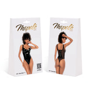 Verpakking Mapalé vinyl bodysuit glanzend zwart, maat L, productdoos met voor en achterzijde van het model