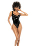 Mapalé Glossy Tule bodysuit zwart, maat M, vooraanzicht op model, glanzende tule met diep decolleté