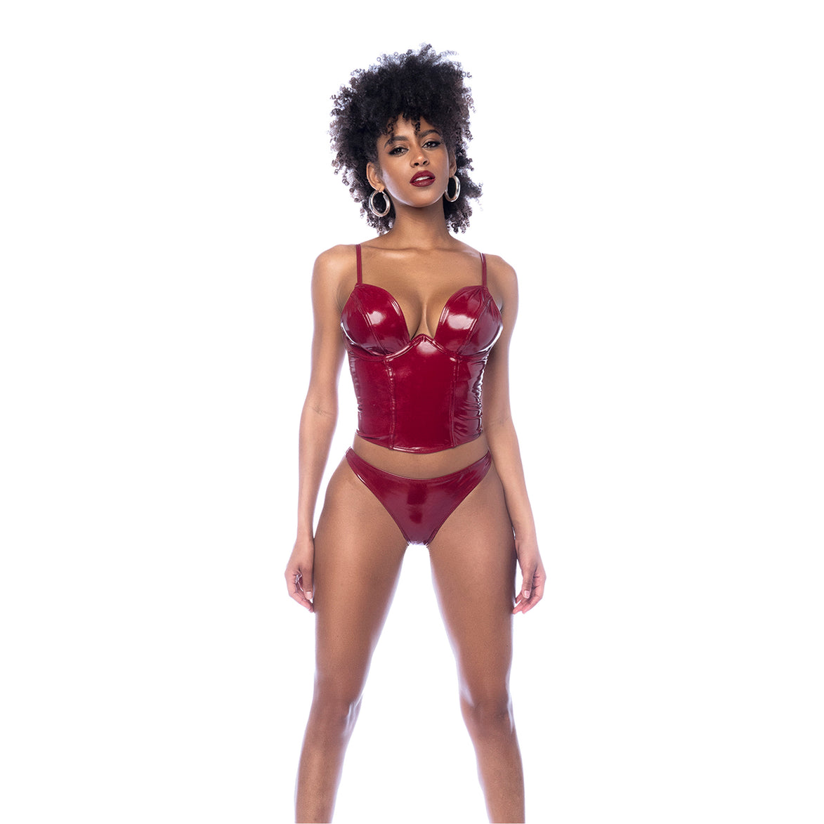Mapalé bustier set wetlook wijnrood maat L, vooraanzicht op witte achtergrond, 2-delige lingerie set