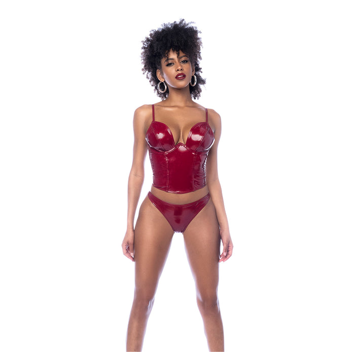 Mapalé bustier set wetlook wijnrood maat L, vooraanzicht op witte achtergrond, 2-delige lingerie set