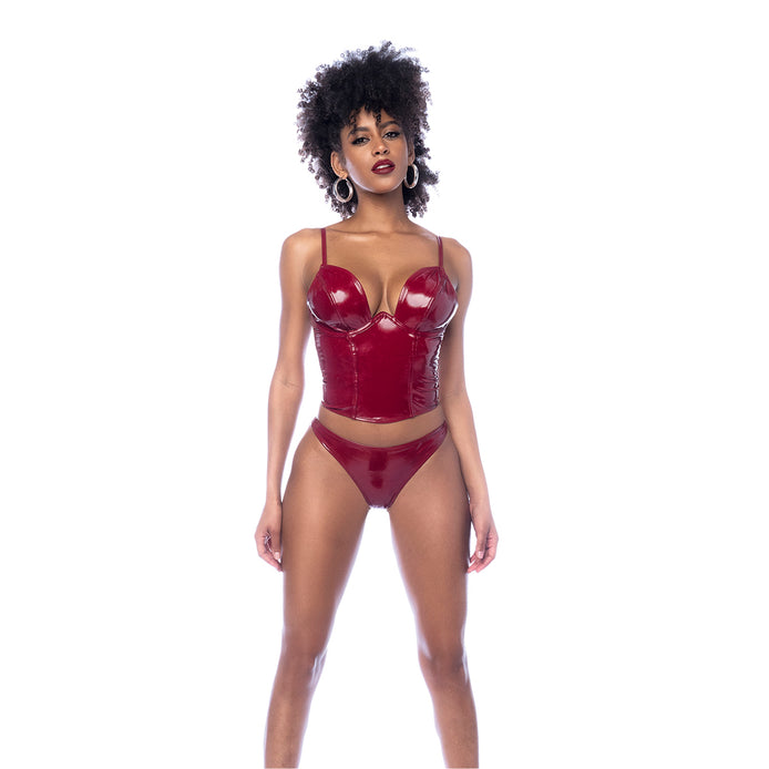 Mapalé bustier set wetlook wijnrood maat M, vooraanzicht op witte achtergrond, 2-delige lingerie set