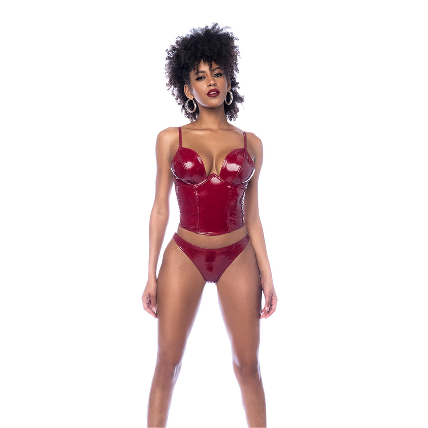 Mapalé bustier set wetlook wijnrood maat M, vooraanzicht op witte achtergrond, 2-delige lingerie set