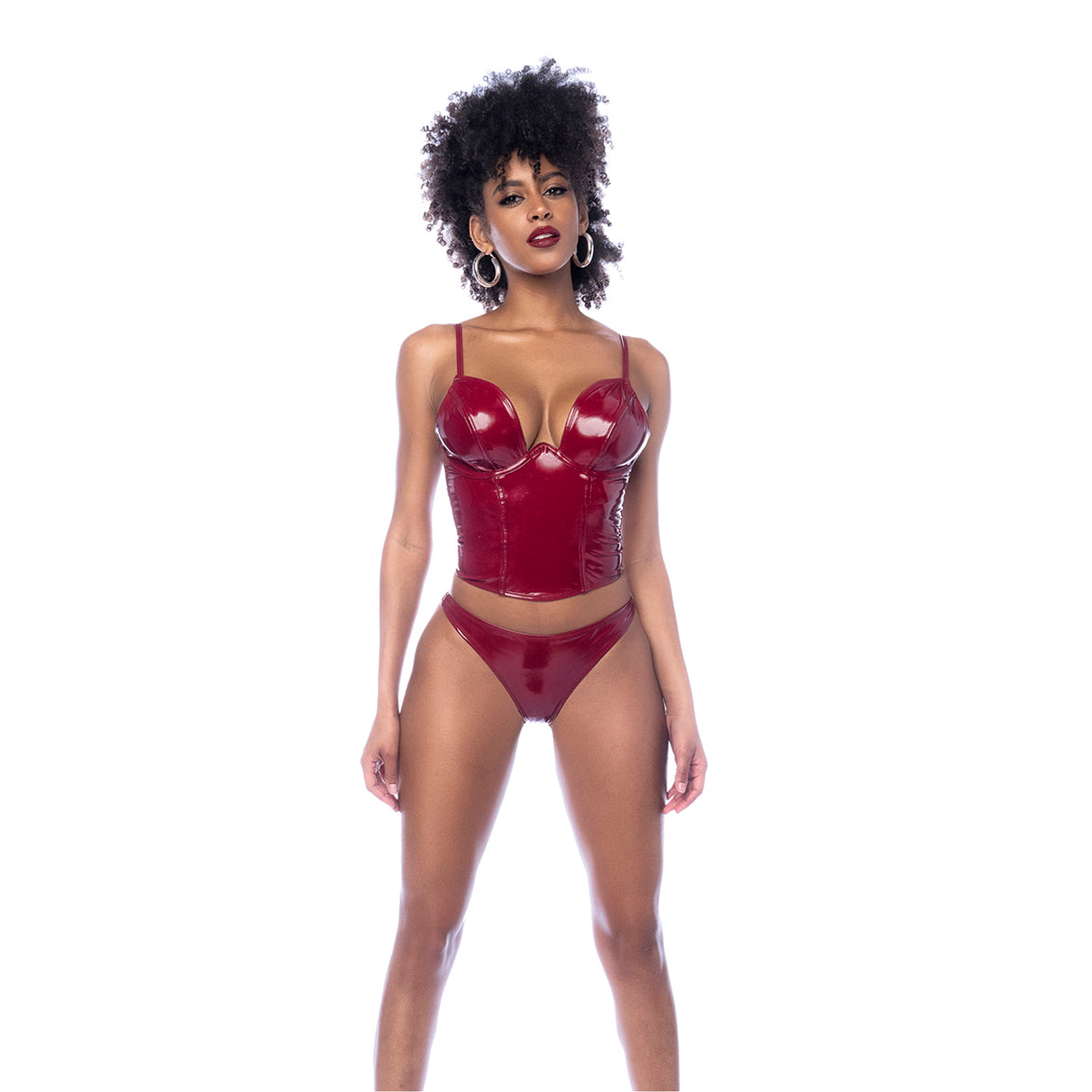 Mapalé bustier set wetlook wijnrood maat S, vooraanzicht op witte achtergrond, 2-delige lingerie set