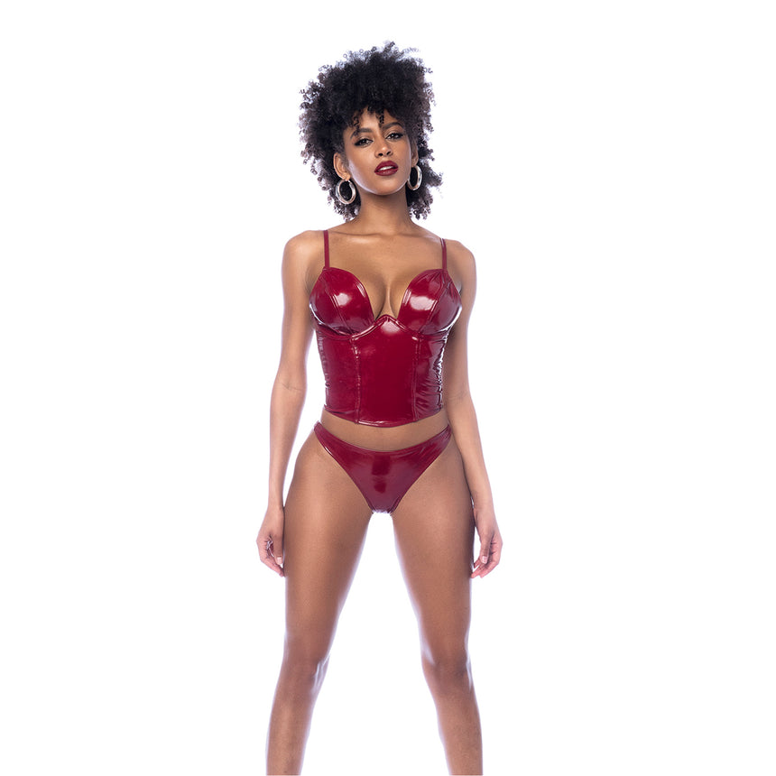 Mapalé bustier set wetlook wijnrood maat S, vooraanzicht op witte achtergrond, 2-delige lingerie set