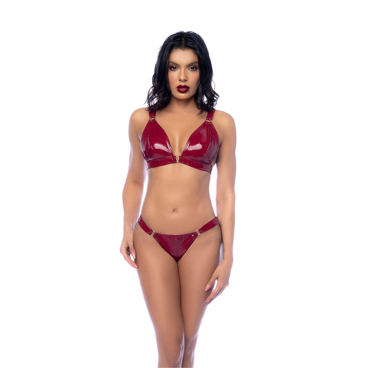 Mapalé wetlook lingerie set wijnrood in maat L, vooraanzicht op witte achtergrond, 2-delige bh set met string