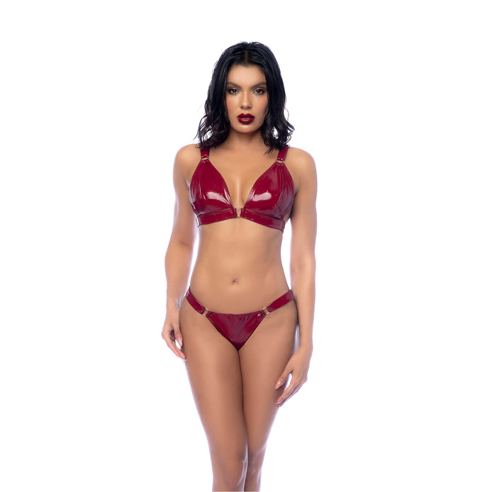 Mapalé 2-delige bh set wetlook wijnrood maat XL, vooraanzicht op witte achtergrond, glanzende lingerie set