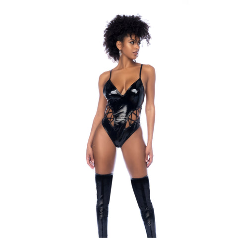 Mapalé wetlook bodysuit zwart maat L, vooraanzicht op witte achtergrond, diepe halslijn met vetersluiting