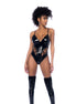 Mapalé wetlook bodysuit zwart maat M, vooraanzicht op witte achtergrond, diepe halslijn met vetersluiting