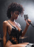 Mapalé wetlook bodysuit zwart maat M, studiofoto met microfoon, diepe halslijn en vetersluiting, zwarte laarzen