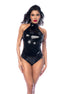 Mapalé laklook wetlook halter bodysuit met vetersluiting, glanzend zwart, maat L, vooraanzicht op model