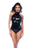 Mapalé wetlook halter bodysuit in maat M, glanzend zwart vinyl, strak silhouet met stringlook