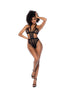 Mapalé Pretty Little Rocker mesh halter bodysuit zwart maat S/M, model staat rechtop met hoge heupuitsnede en open rug
