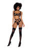 Mapalé Pretty Little Rocker bralette set drie-delig maat L/XL zwart, model staat rechtop in lingerie met jarretel look