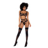 Mapalé Pretty Little Rocker bralette set drie-delig maat S/M zwart, model staat rechtop in lingerie met jarretel look