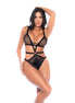 Mapalé bodysuit visnet met wetlook zwart maat S/M, vooraanzicht gedragen door model