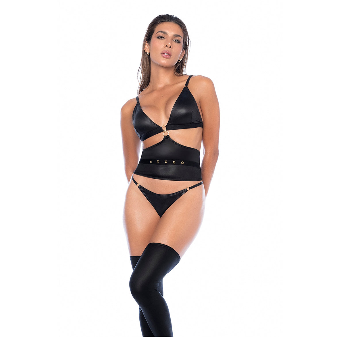 Mapalé 3-delige lingerieset zwart in maat L/XL, model front met jarretels en zwarte kousen