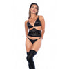 Mapalé driedelige lingerieset, zwart, maat S/M, vooraanzicht, jarretels en hoge kousen, studiofoto
