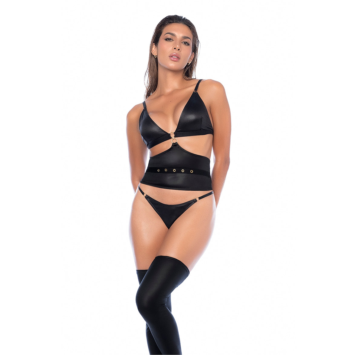 Mapalé driedelige lingerieset, zwart, maat S/M, vooraanzicht, jarretels en hoge kousen, studiofoto