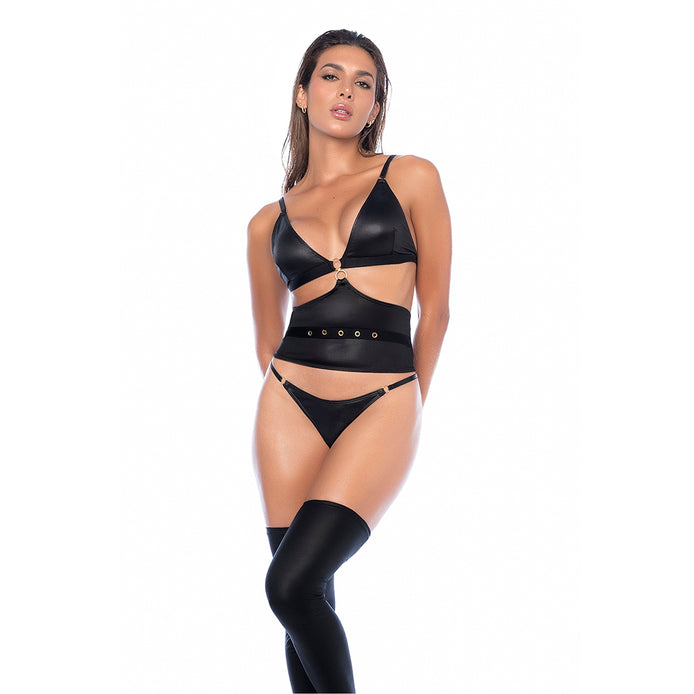 Mapalé driedelige lingerieset, zwart, maat S/M, vooraanzicht, jarretels en hoge kousen, studiofoto