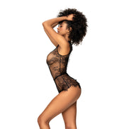 Mapalé babydoll romper zwart, maat L/XL, zijaanzicht met wimperkant en hoge beenuitsnede