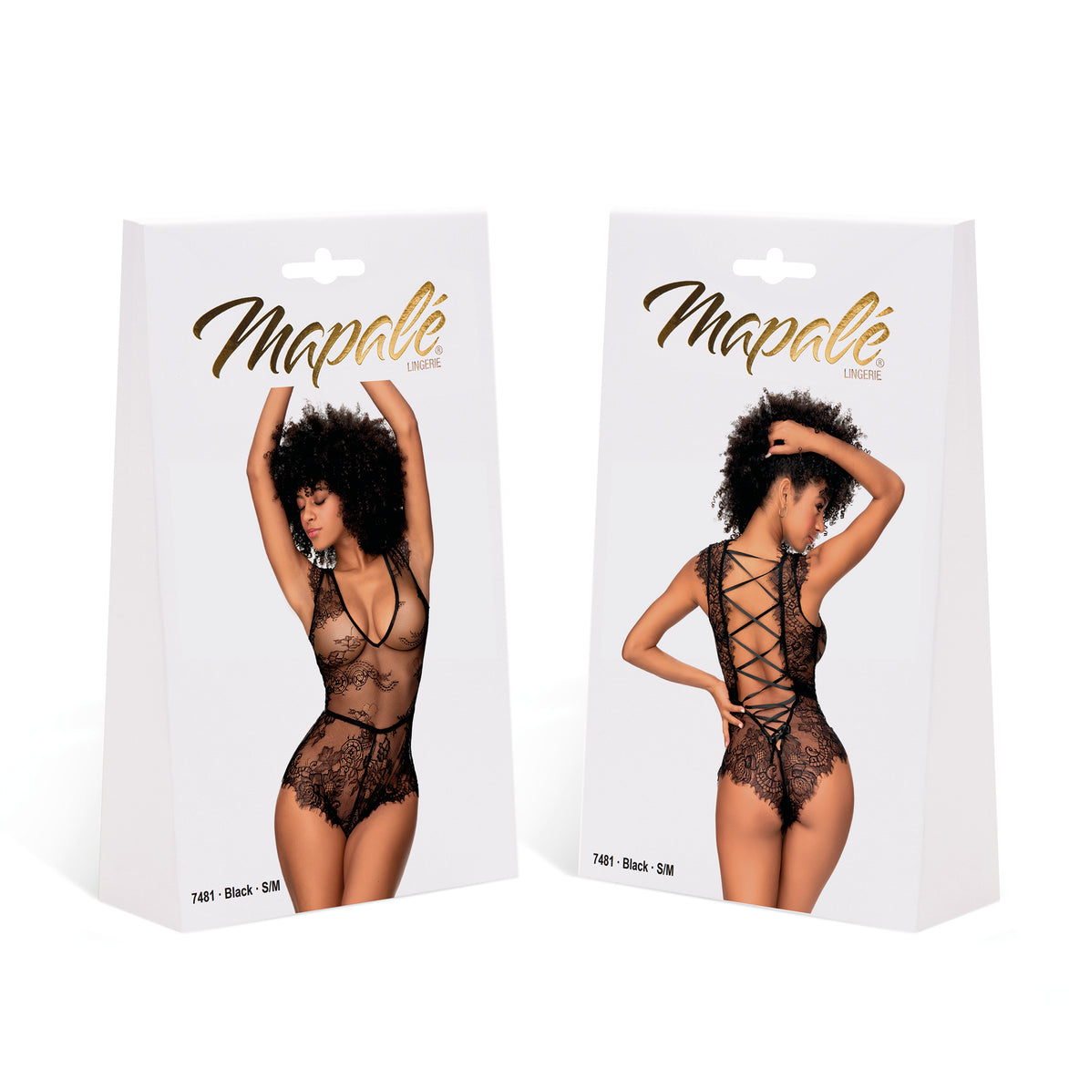 Mapalé Babydoll Romper met Wimperkant verpakking, zwart maat S/M, productdoos voor en achterzijde