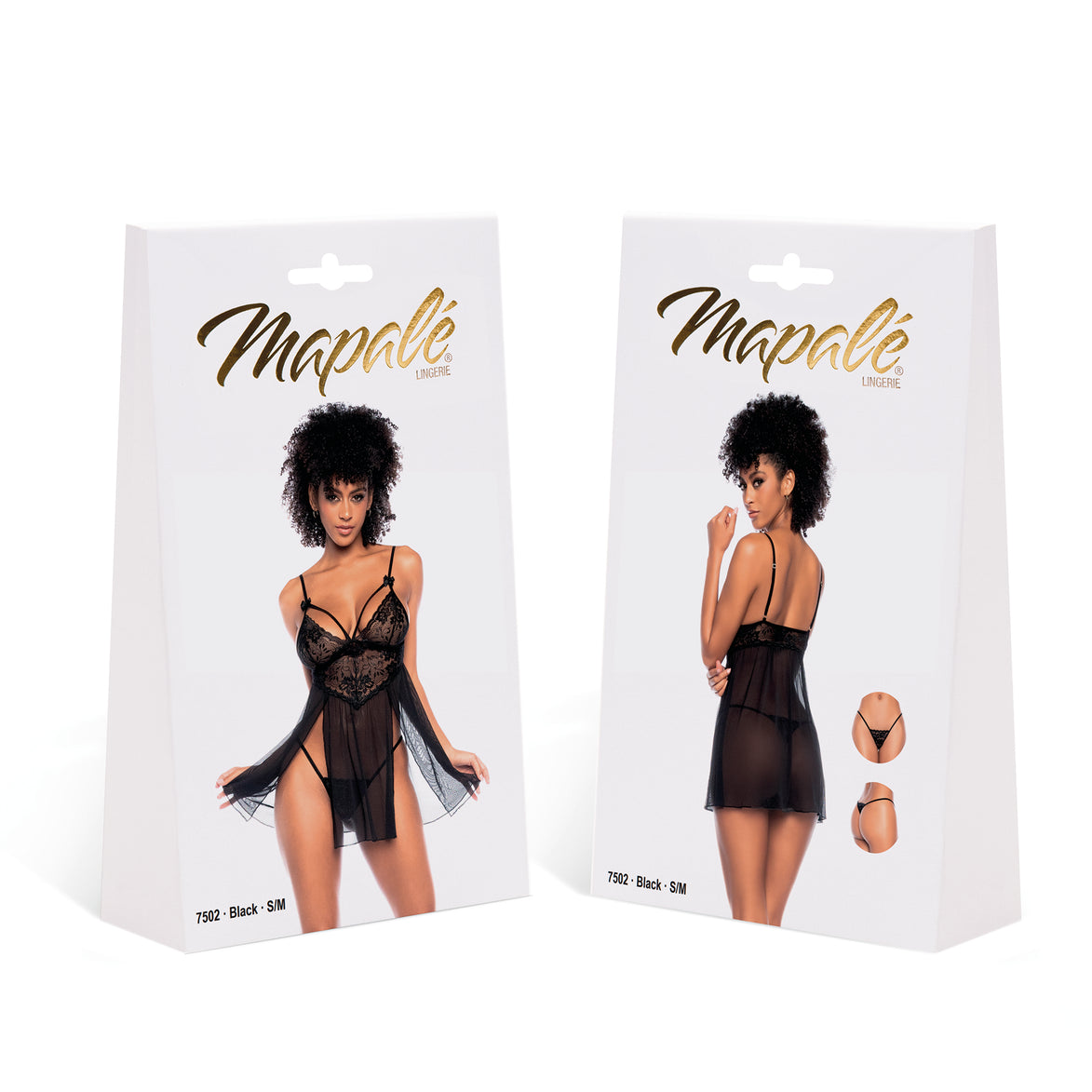 Mapalé Floral Lace Babydoll verpakking, zwart maat L/XL, productdoos met voor en achterzijde
