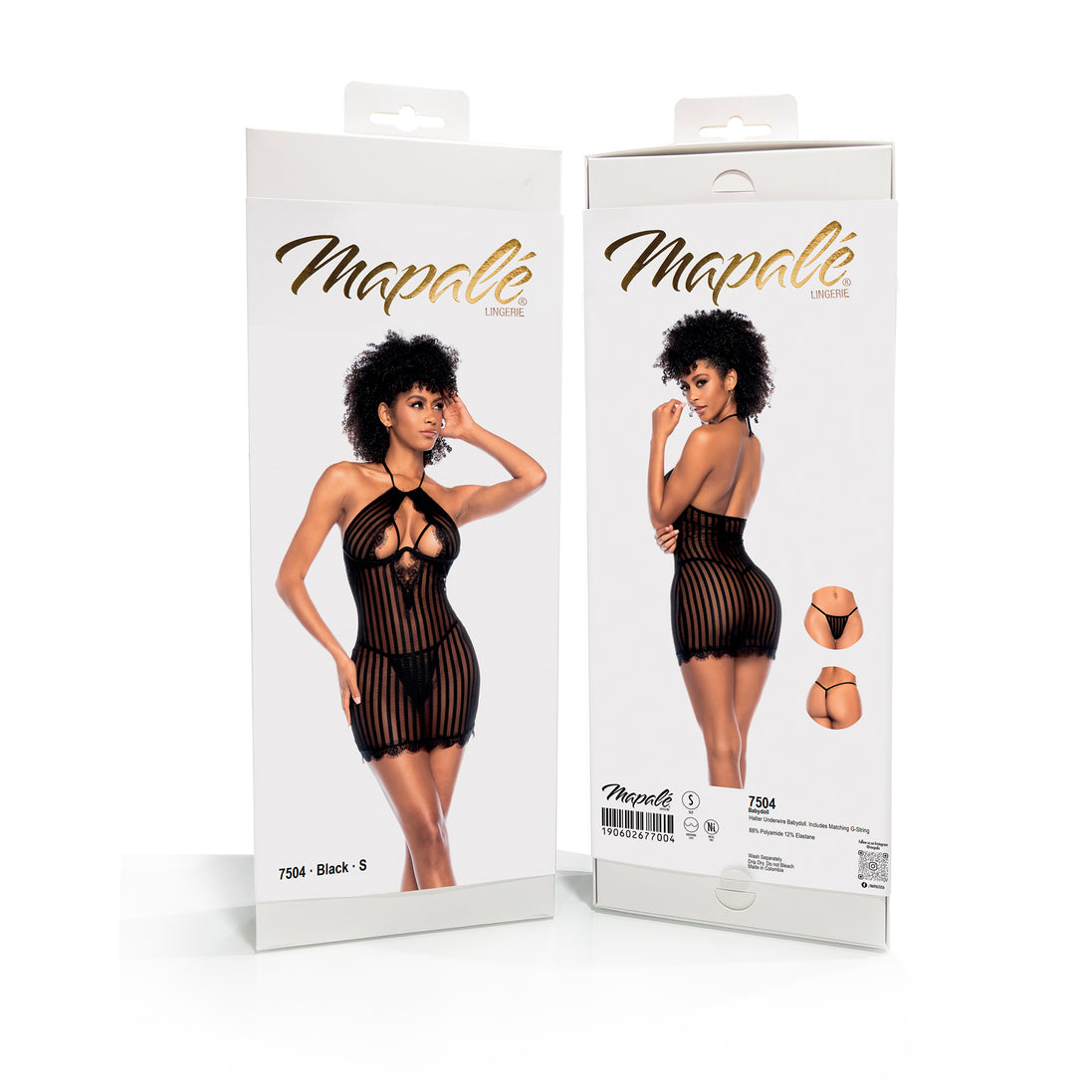 Mapalé Eyelash Lace Babydoll zwart, maat S, verpakking en productoverzicht op de doos.