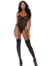 Forplay Ring It On chemise set zwart, maat M, vooraanzicht met jarretelkousen, mesh chemise en ringdetail