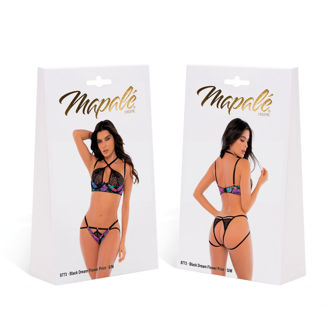 Mapalé Dream Flower 2-delige set zwart maat L/XL, verpakking met bralette en string