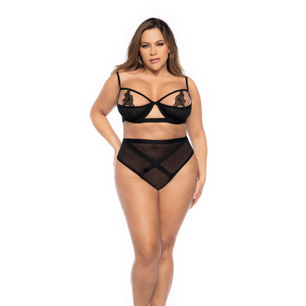 Mapalé 2-delige open cup lingerieset zwart maat 3/4X, vooraanzicht met open bh en string