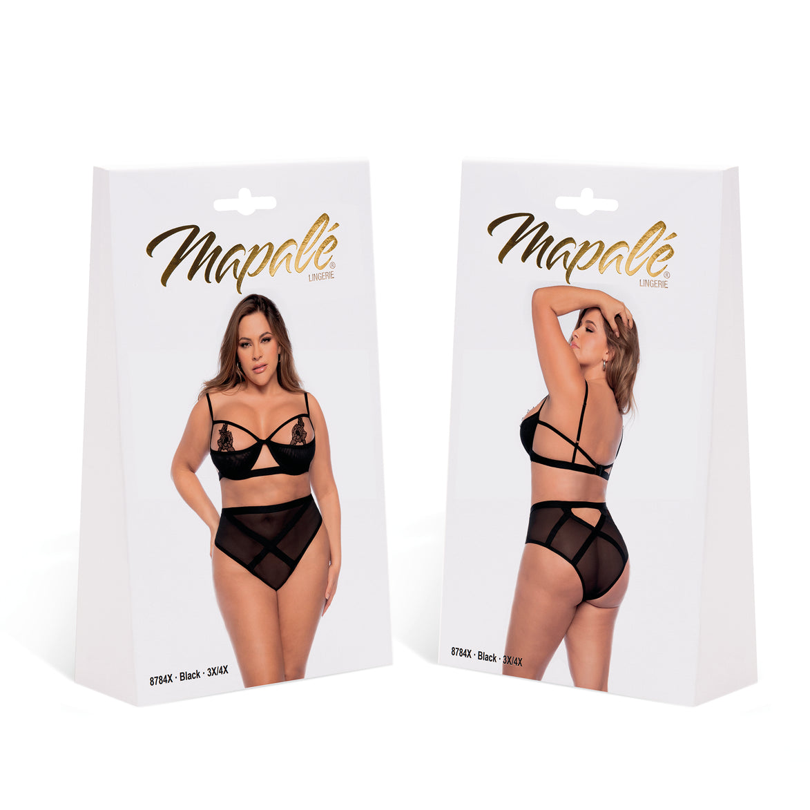 Mapalé 2-delige open cup lingerieset zwart maat 3/4X, productverpakking met complete set